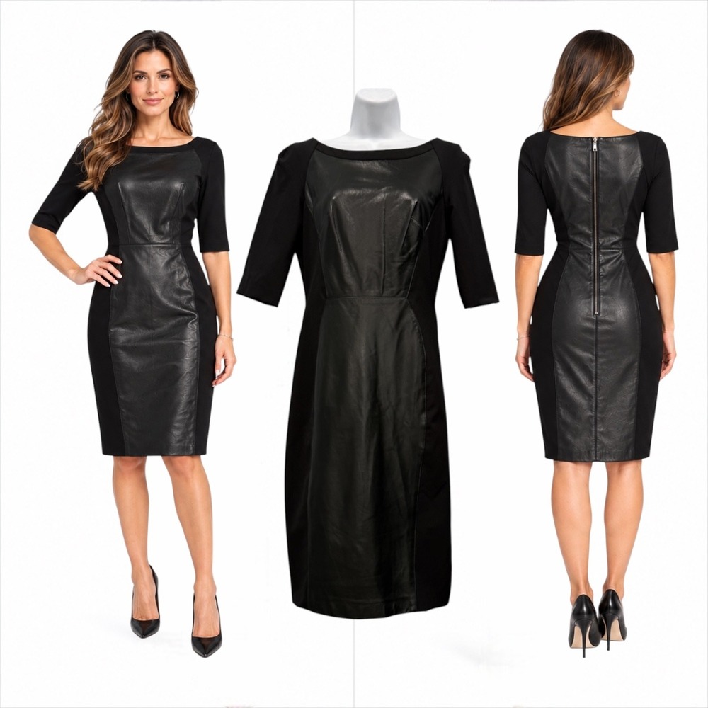 King Skin Italian Leather Panel Sheath Dress Black US 10/IT 44 Moto Career Rare